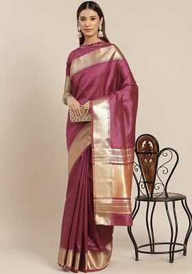 Pink Zari Embroidered Silk Saree Set