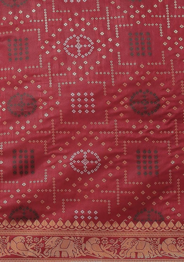 Maroon Bandhani Print Silk Saree Set