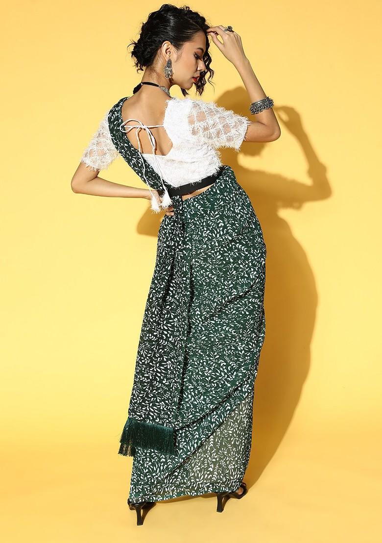 Green Printed Georgette Saree Set
