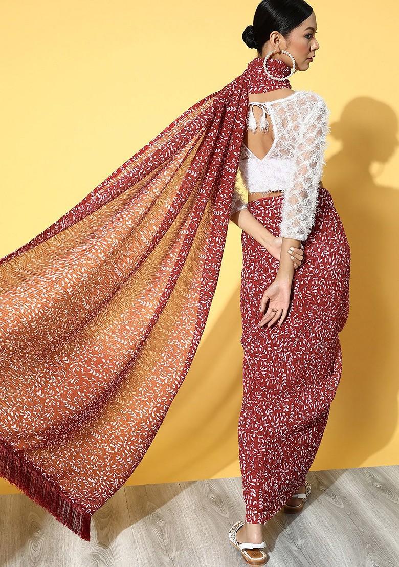 Maroon Printed Georgette Saree Set