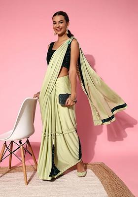 Lime Green Sequin Embroidered Poly Blend Saree Set