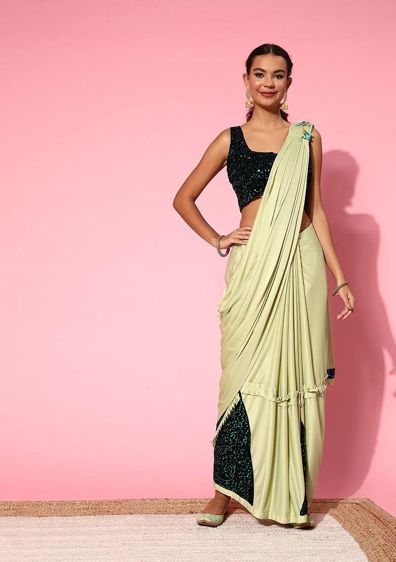 Lime Green Sequin Embroidered Poly Blend Saree Set