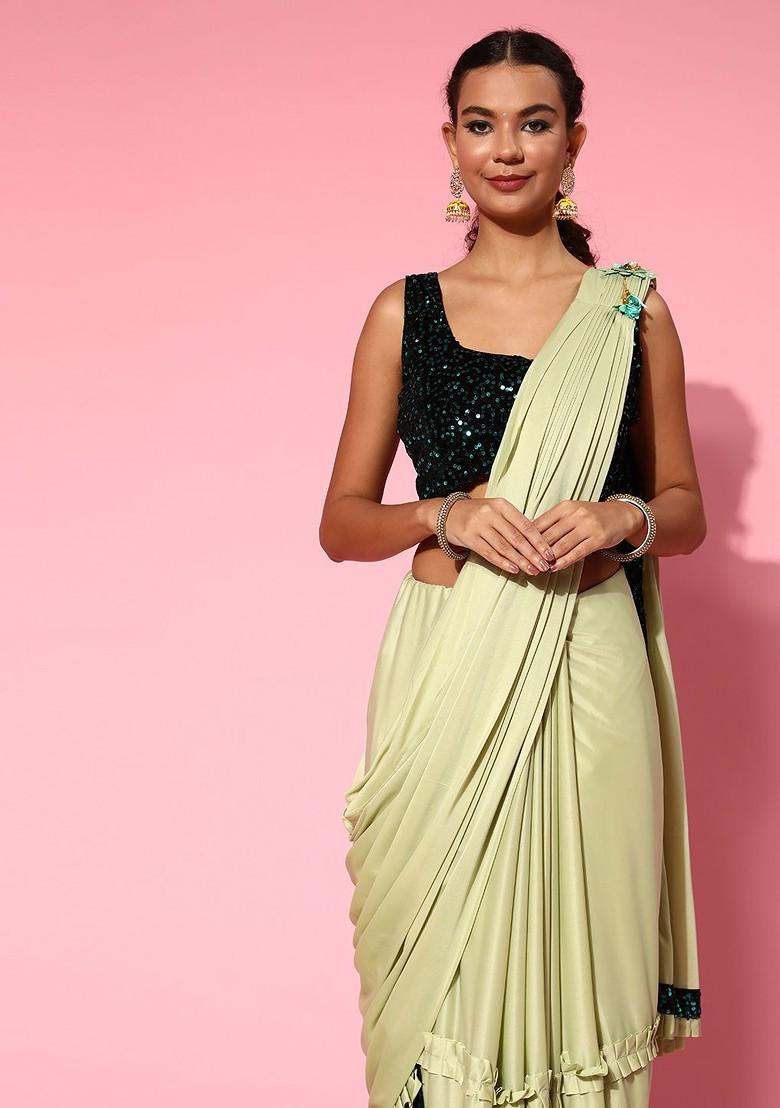Lime Green Sequin Embroidered Poly Blend Saree Set