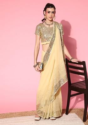 Cream Sequin Embroidered Georgette Saree Set