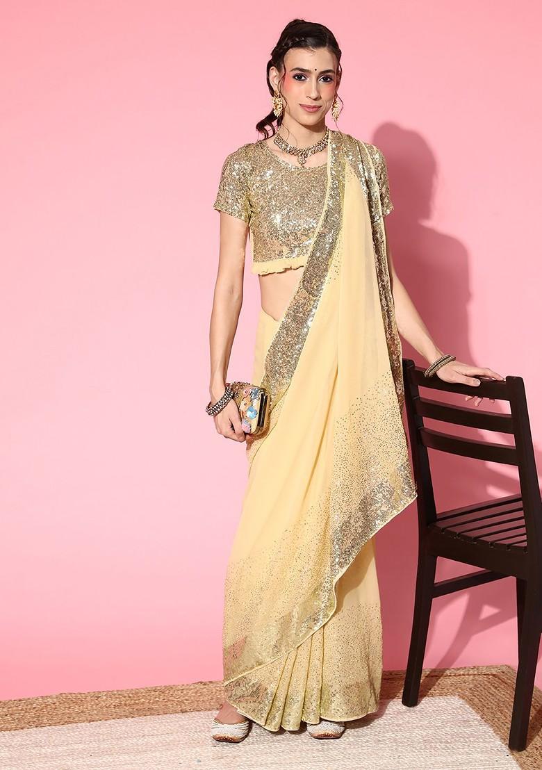 Cream Sequin Embroidered Georgette Saree Set