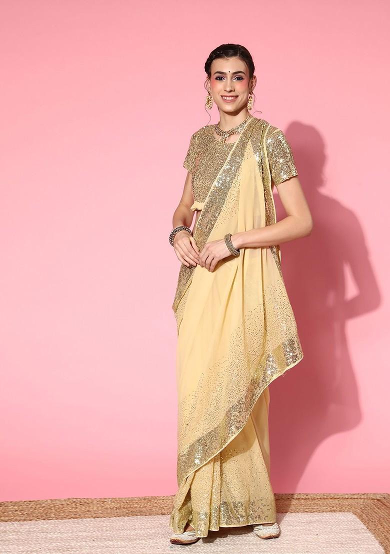 Cream Sequin Embroidered Georgette Saree Set