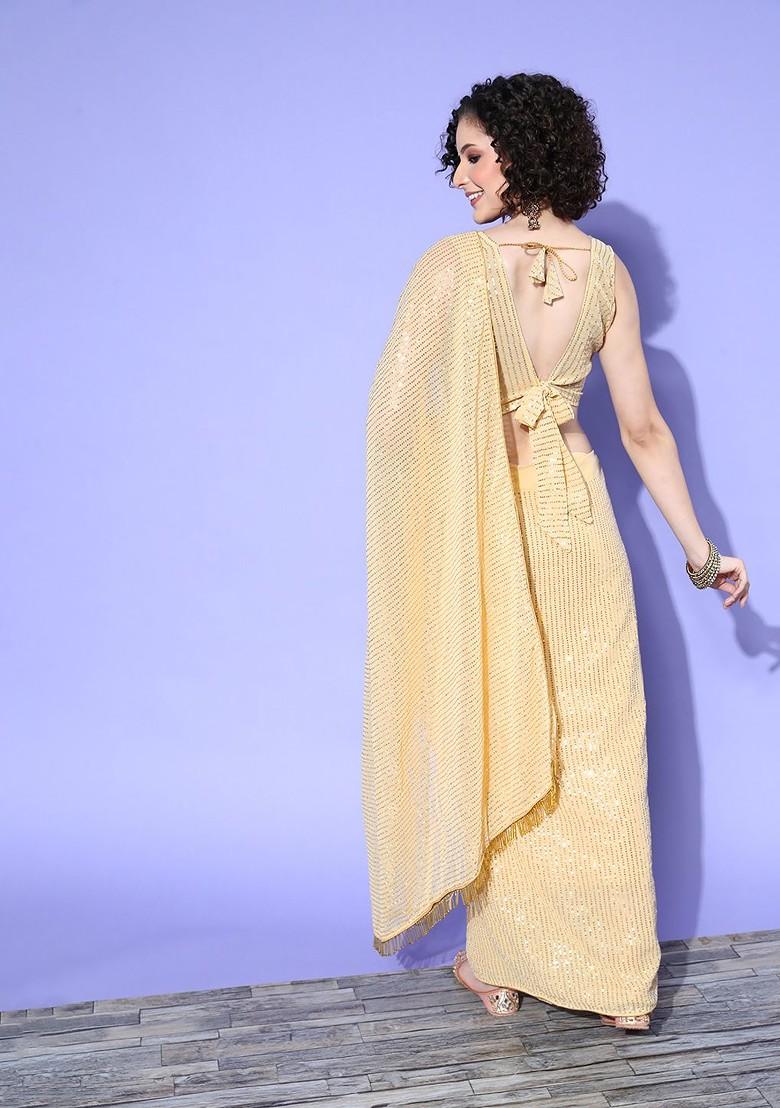 Cream Sequin Embroidered Georgette Saree Set