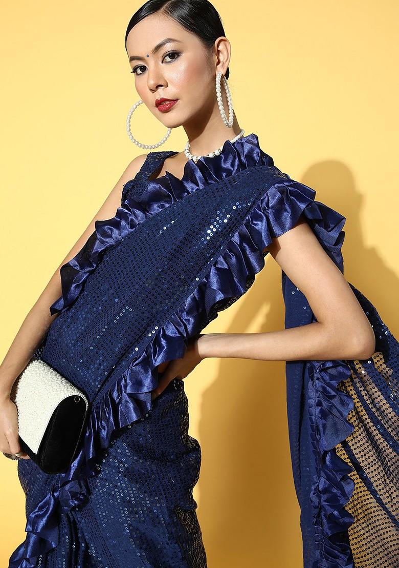 Navy Blue Sequin Embroidered Georgette Saree Set