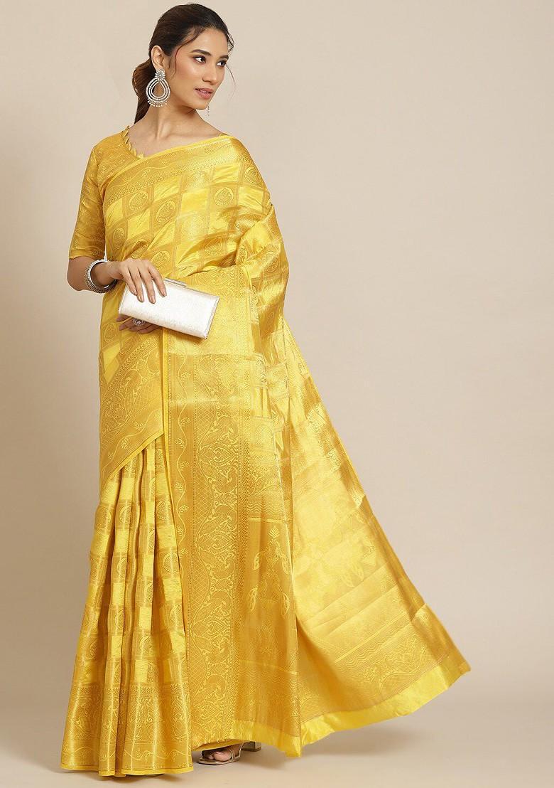 Yellow Ethnic Motifs Embroidery Silk Saree Set