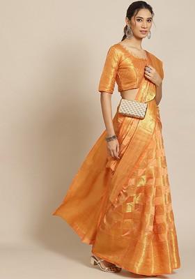 Orange Ethnic Motifs Embroidery Silk Saree Set