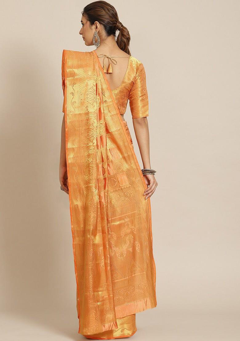 Orange Ethnic Motifs Embroidery Silk Saree Set