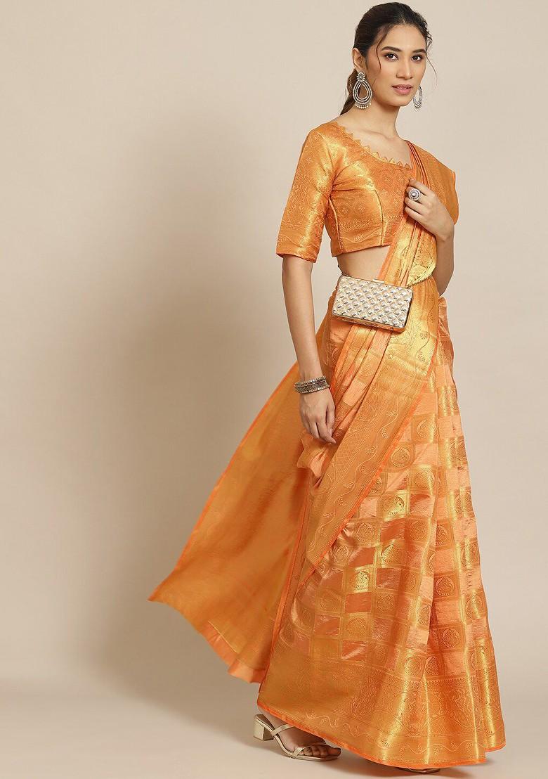 Orange Ethnic Motifs Embroidery Silk Saree Set