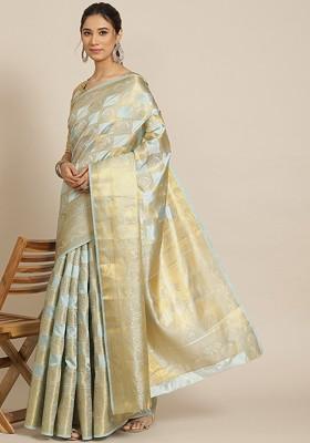 Blue Ethnic Motifs Embroidery Silk Saree Set