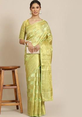 Lime Green Ethnic Motifs Embroidery Silk Saree Set