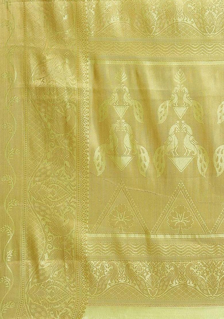 Lime Green Ethnic Motifs Embroidery Silk Saree Set