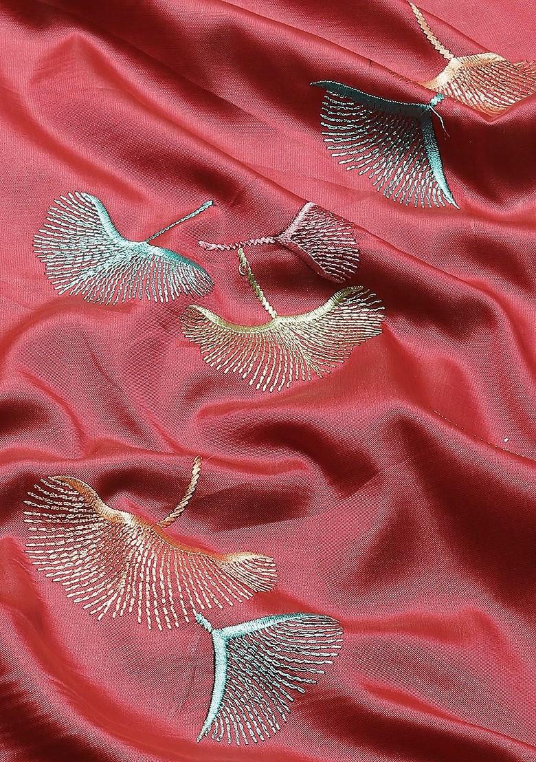 Pink Floral Embroidered Poly Blend Saree Set