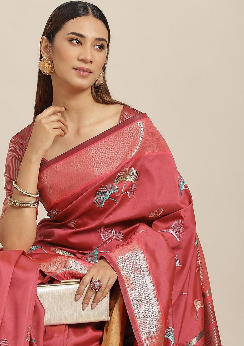 Pink Floral Embroidered Poly Blend Saree Set