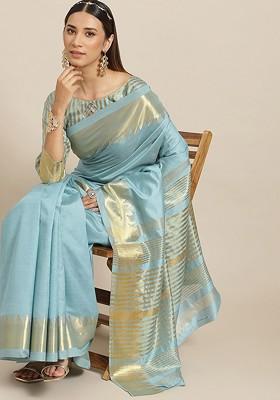 Turquoise Blue Zari Embroidered Poly Blend Saree Set