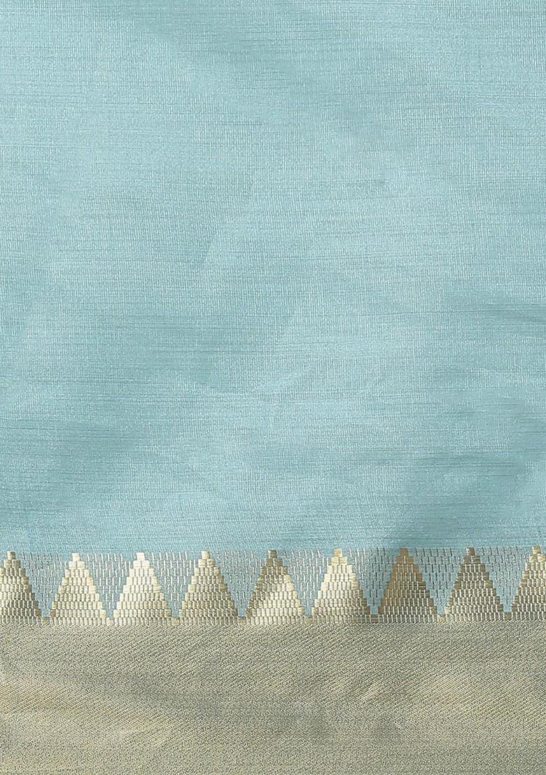 Turquoise Blue Zari Embroidered Poly Blend Saree Set