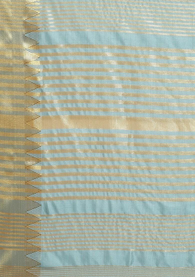 Turquoise Blue Zari Embroidered Poly Blend Saree Set