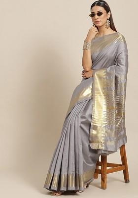 Grey Zari Embroidered Poly Blend Saree Set