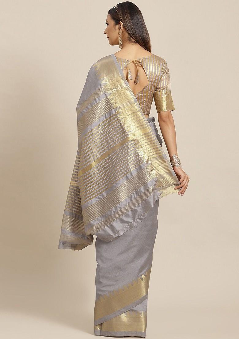 Grey Zari Embroidered Poly Blend Saree Set