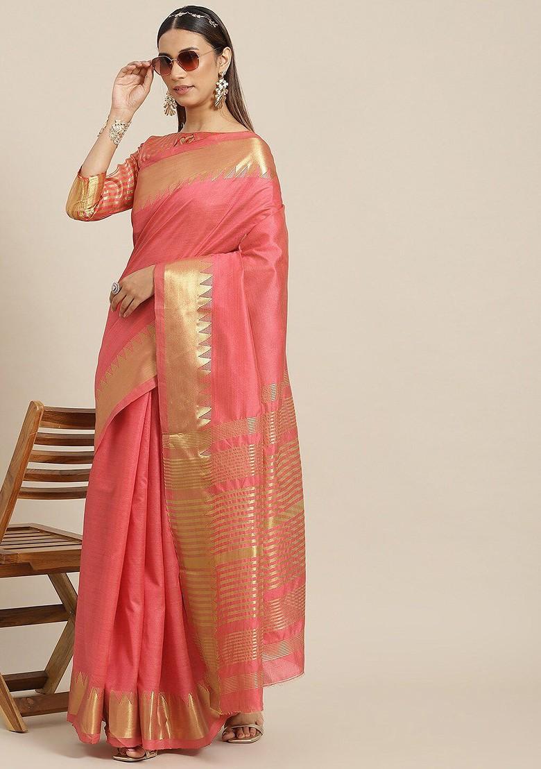 Pink Zari Embroidered Poly Blend Saree Set