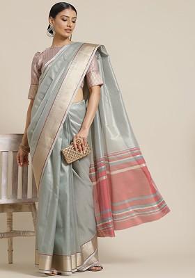 Blue Zari Embroidered Poly Blend Saree Set