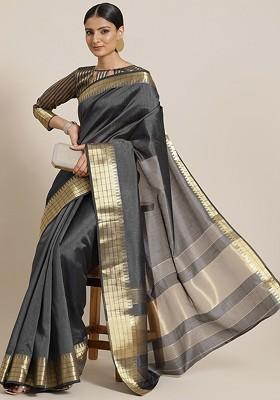 Grey Zari Embroidered Silk Saree Set