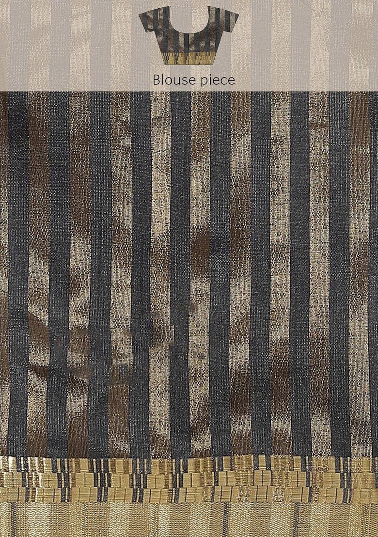 Grey Zari Embroidered Silk Saree Set