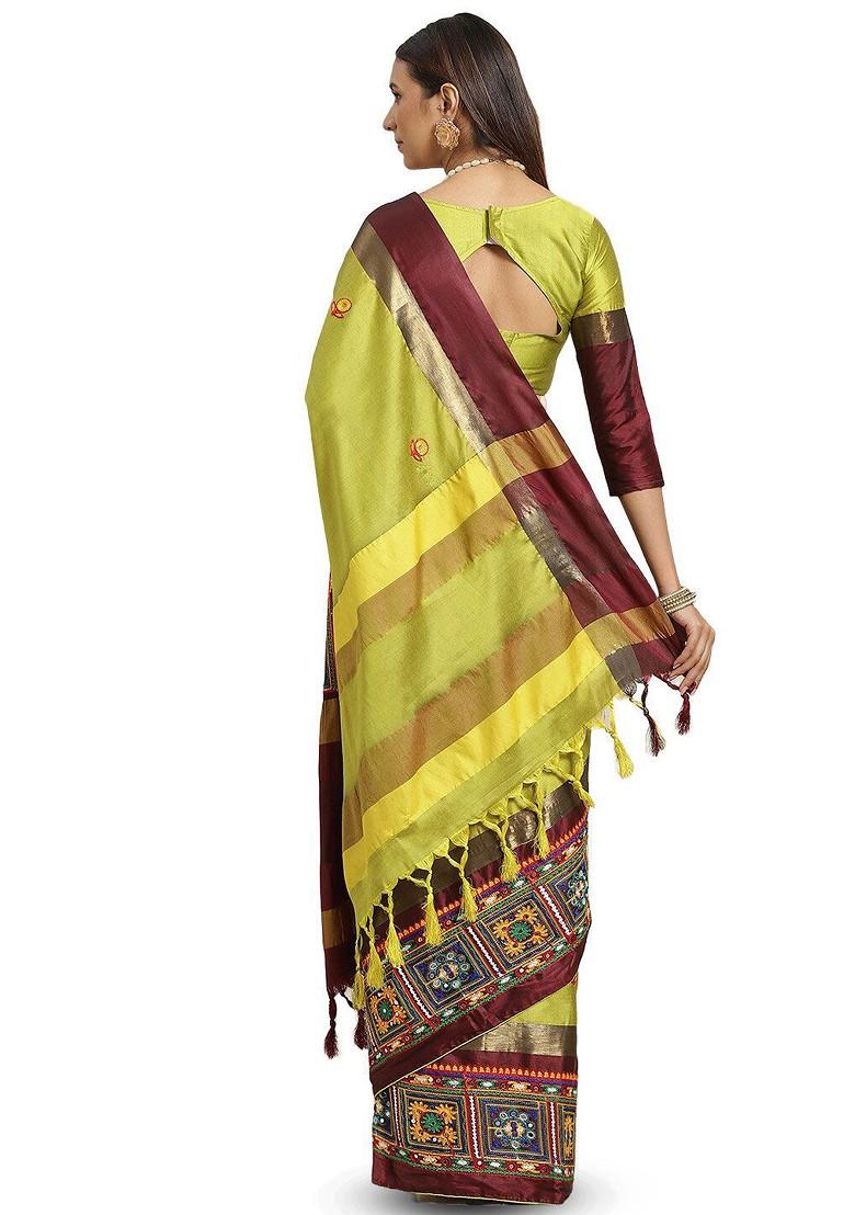 Green Floral Embroidered Silk Saree Set