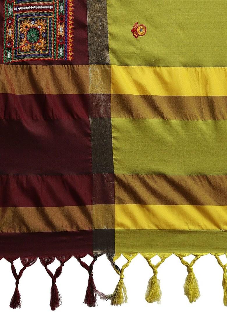 Green Floral Embroidered Silk Saree Set