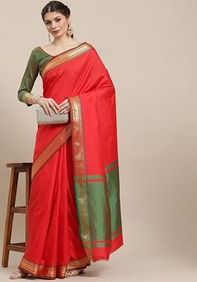Red Zari Embroidered Silk Saree Set