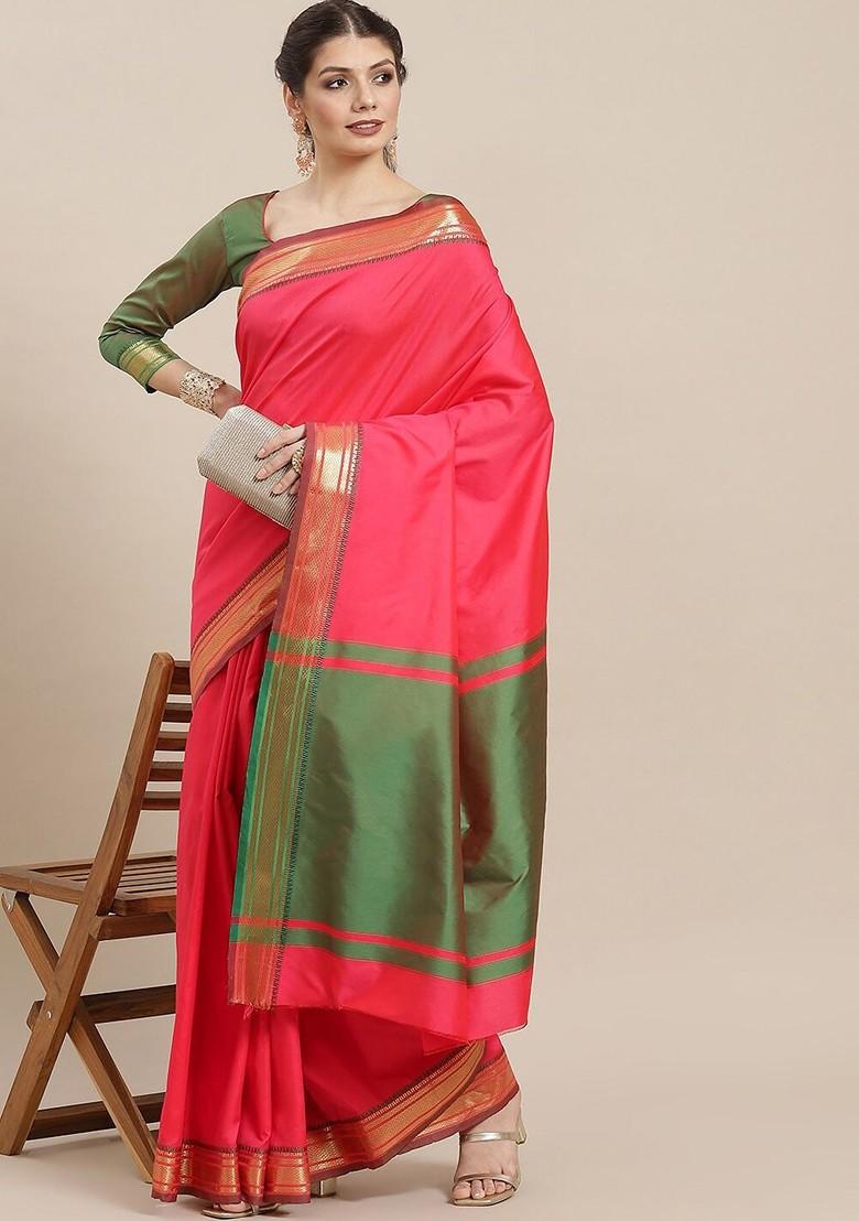 Pink Zari Embroidered Silk Saree Set
