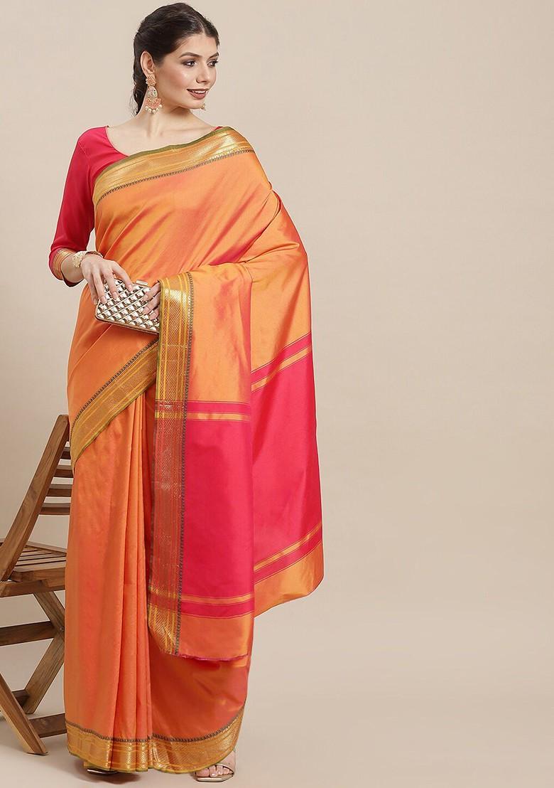 Peach Zari Embroidered Silk Saree Set