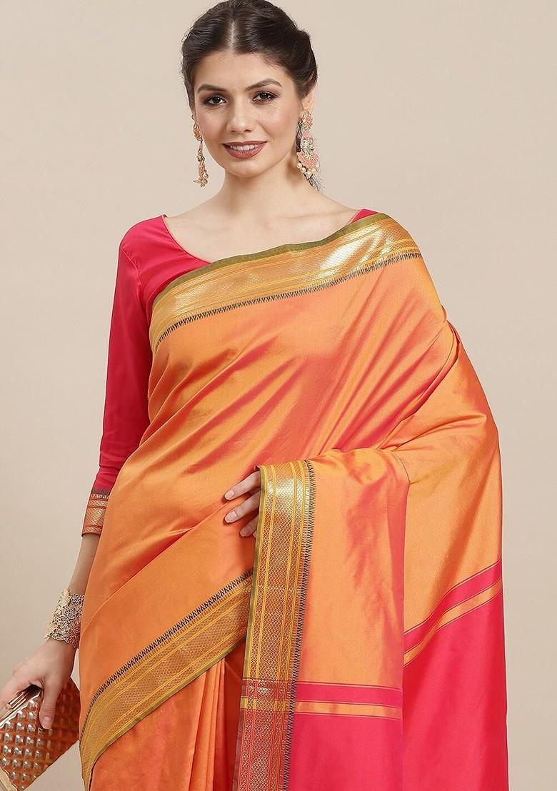 Peach Zari Embroidered Silk Saree Set