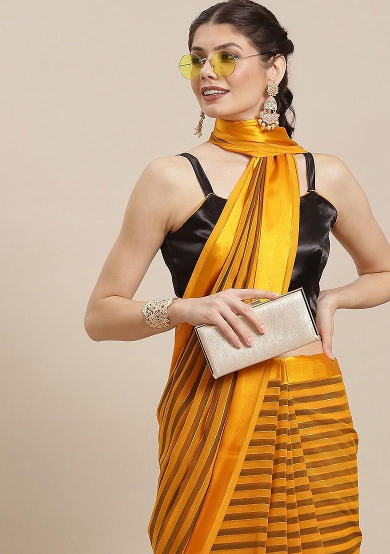 Mustard Zari Embroidered Poly Blend Saree Set