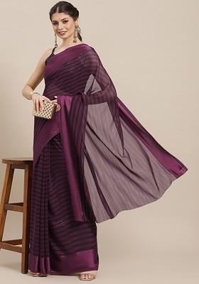 Purple Striped Print Poly Blend Saree Set