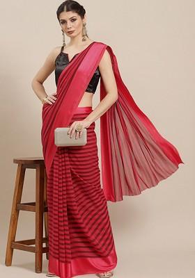 Pink Striped Print Poly Blend Saree Set
