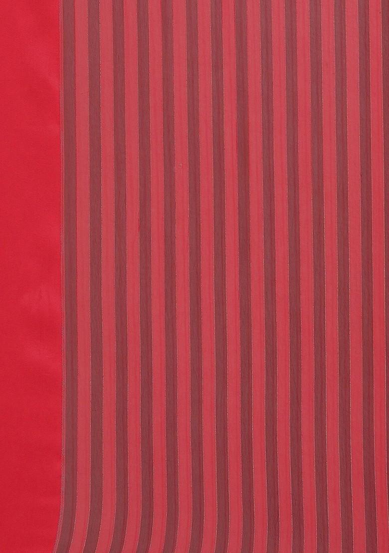 Pink Striped Print Poly Blend Saree Set