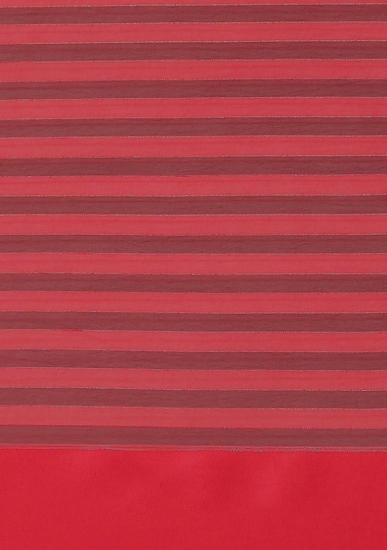 Pink Striped Print Poly Blend Saree Set