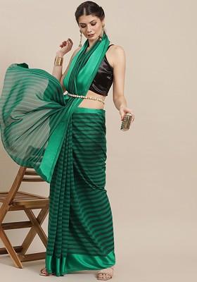 Green Striped Print Poly Blend Saree Set