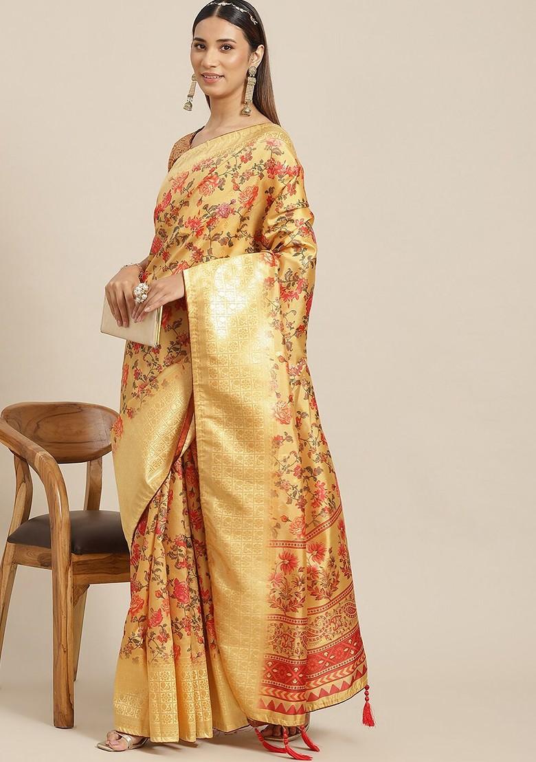 Yellow Zari Embroidered Banarasi Silk Saree Set