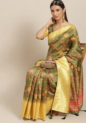 Green Zari Embroidered Poly Blend Saree Set