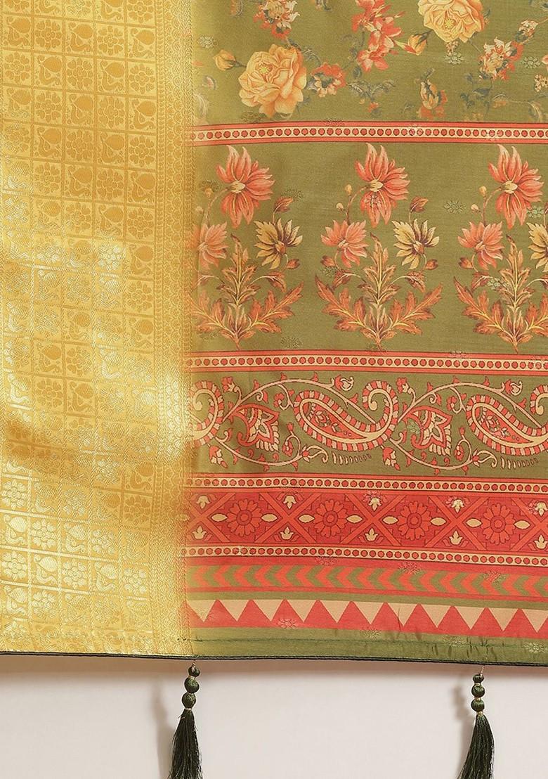 Green Zari Embroidered Poly Blend Saree Set