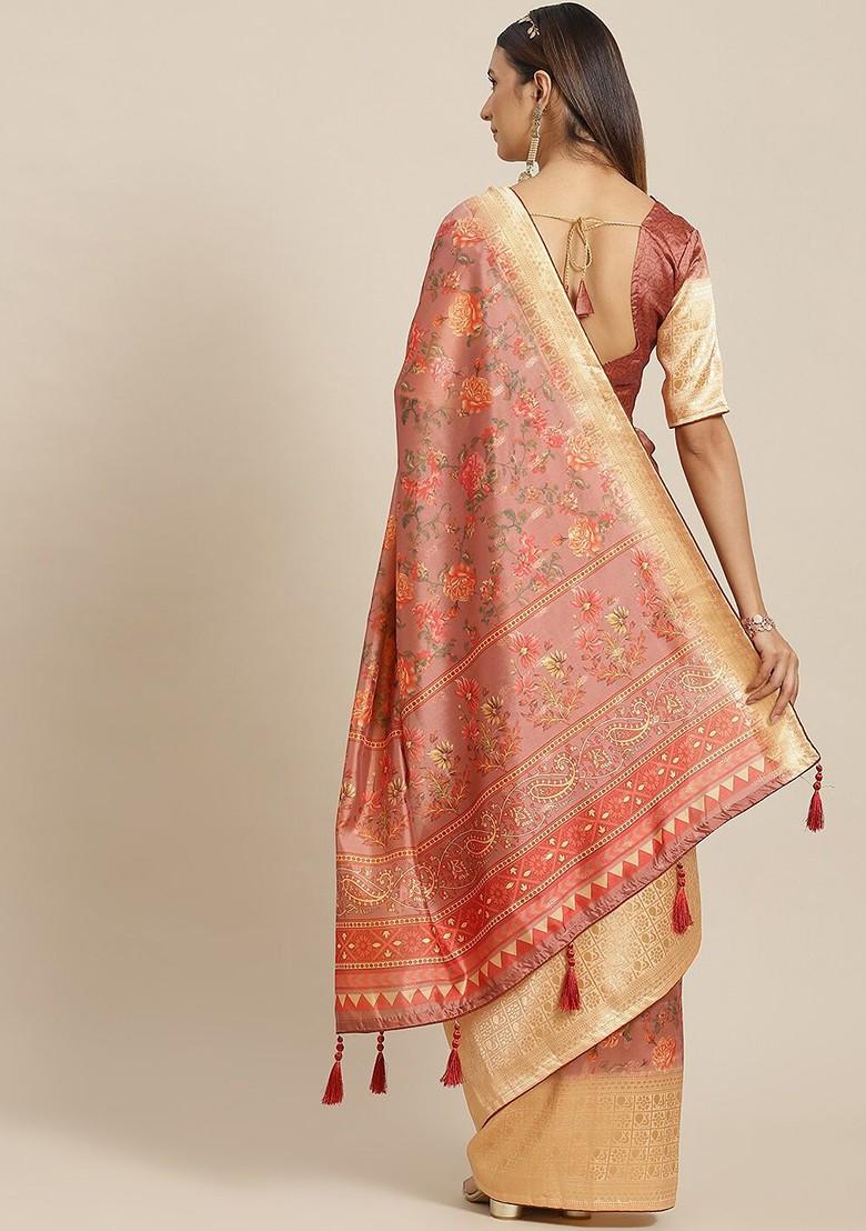 Pink Zari Embroidered Poly Blend Saree Set