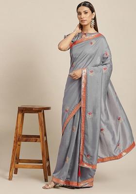 Grey Printed Georgette Saree Set