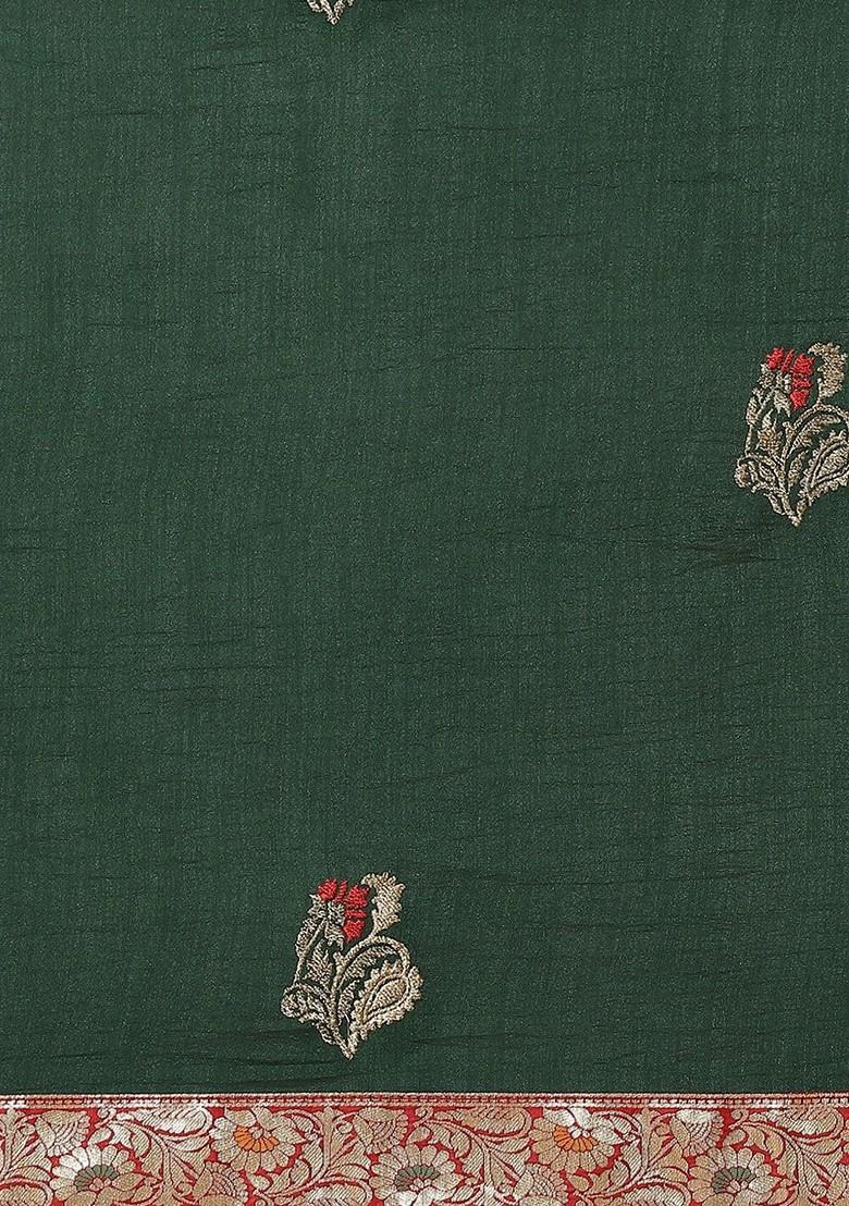 Green Zari Embroidered Poly Blend Saree Set