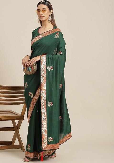 Green Zari Embroidered Poly Blend Saree Set