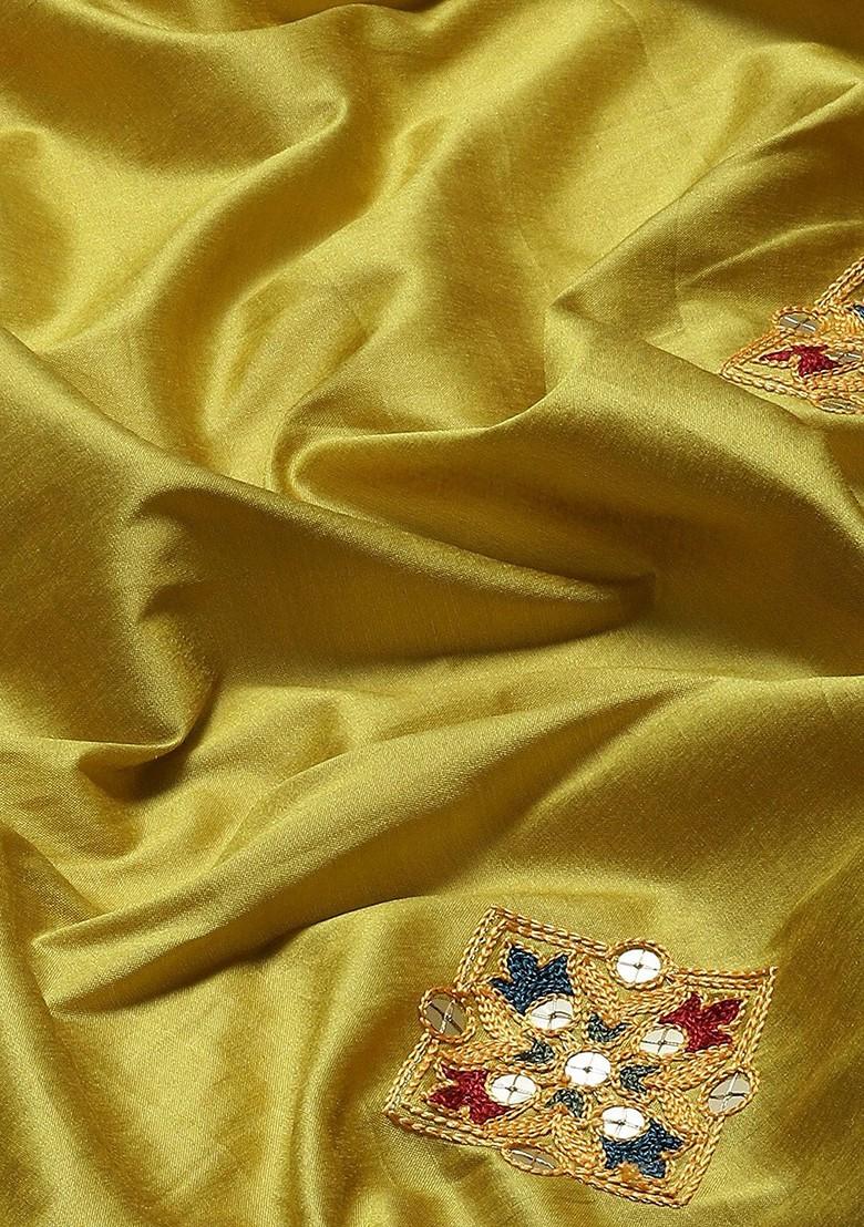 Yellow Ethnic Motifs Embroidery Silk Saree Set